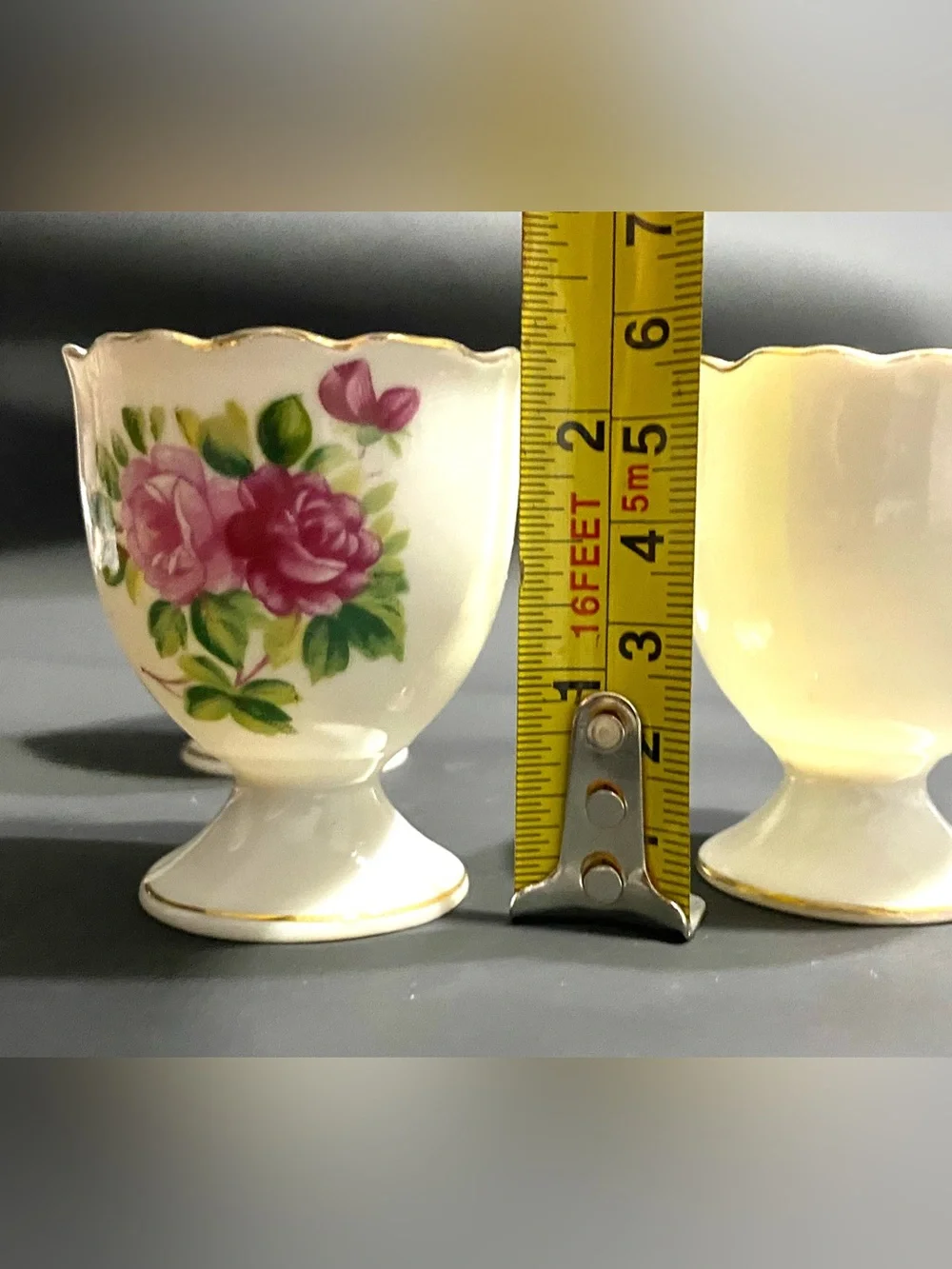 3 Vintage Egg Cups Porcelain white with Pink Roses Scalloped Gold Trim
